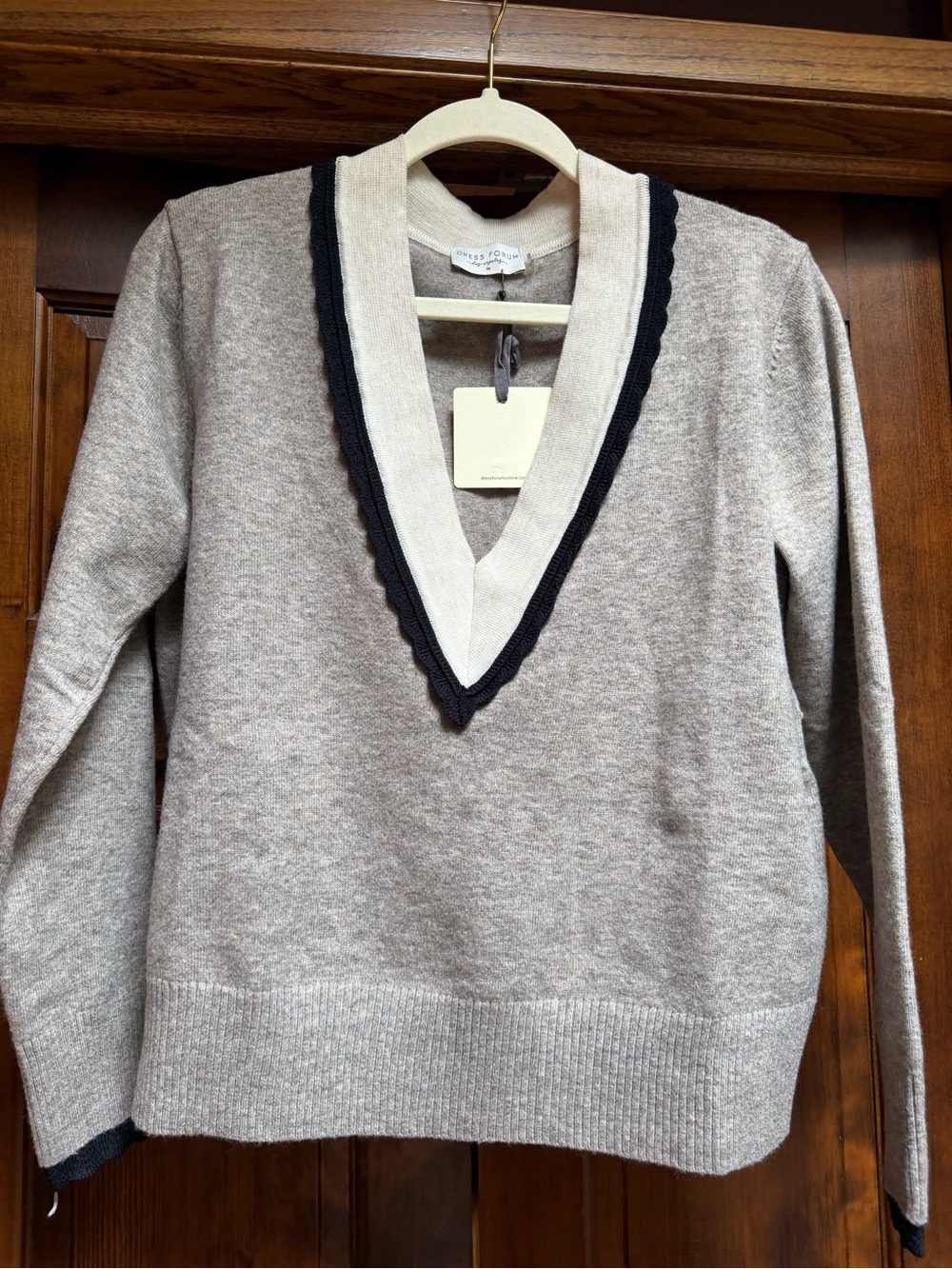 Dress Forum Women's V-Neck Sweater in Beige with Cream & Black Trim